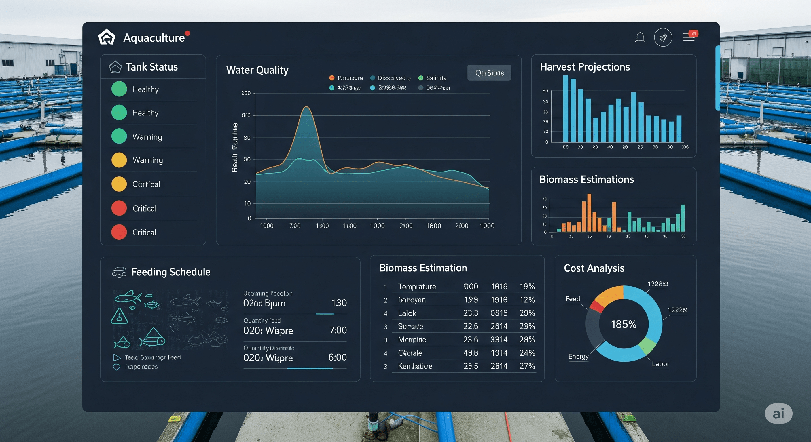 Dashboard showing aquaculture metrics