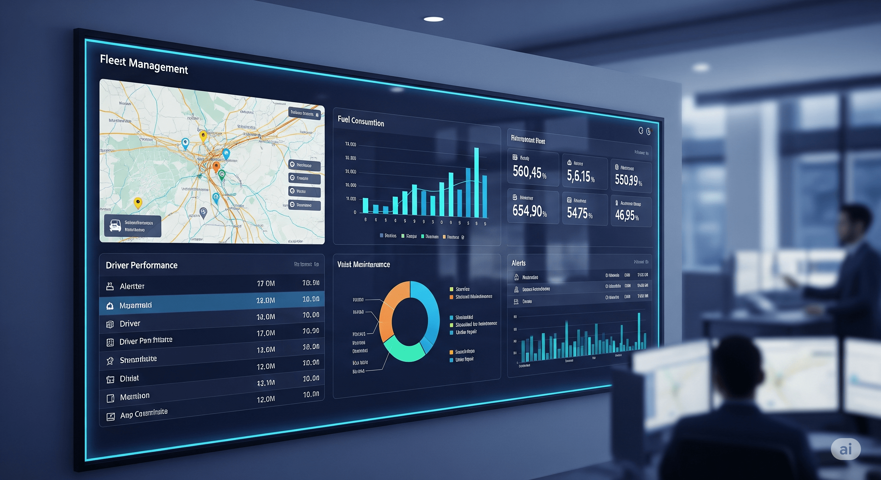 Dashboard showing a fleet management map and metrics